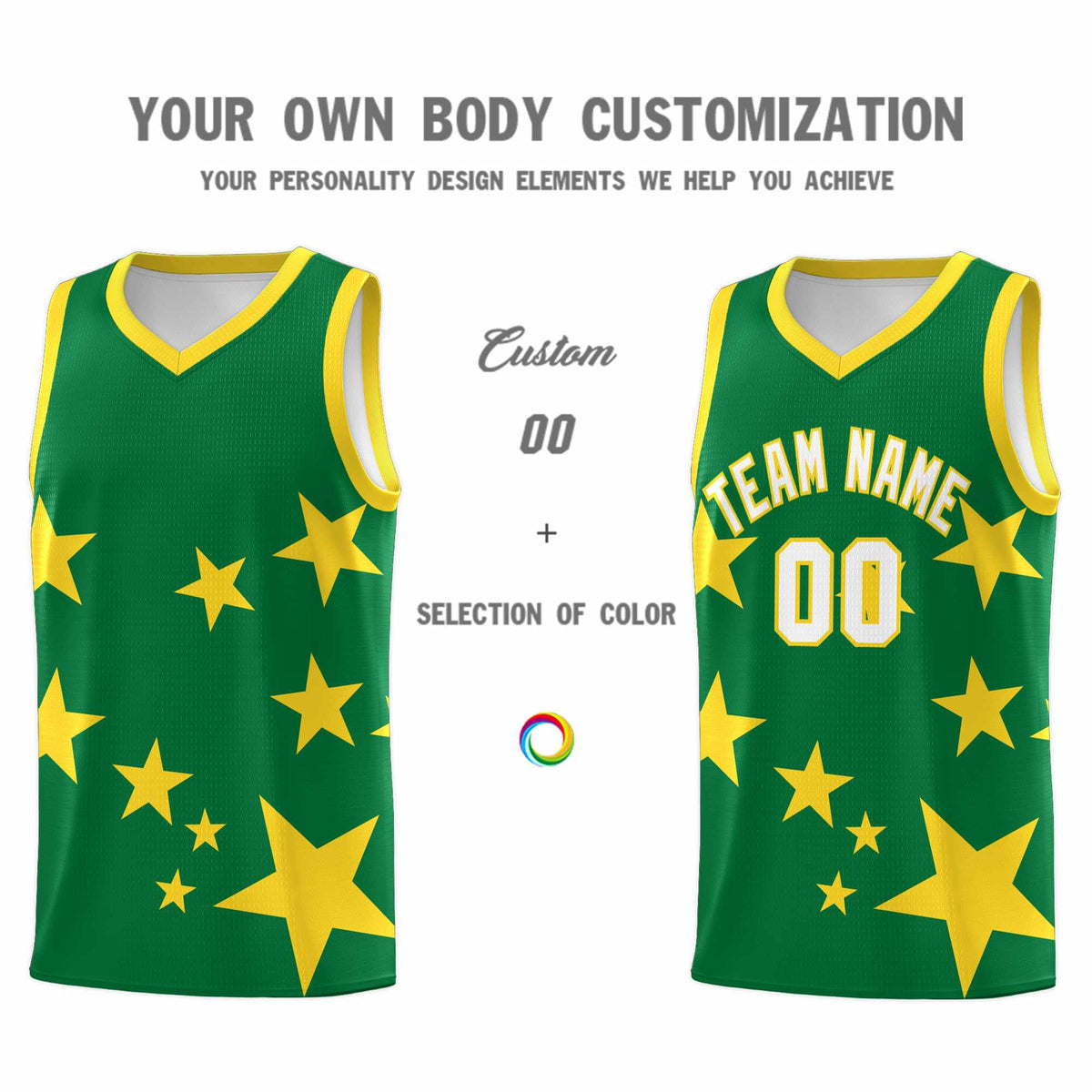 Custom Kelly Green Gold Graffiti Pattern Star Print Basketball Jersey Kits|KXKSHOP