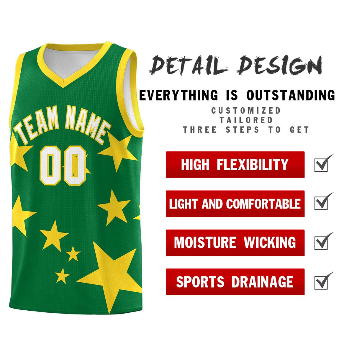 Custom Kelly Green Gold Graffiti Pattern Star Print Basketball Jersey Kits|KXKSHOP