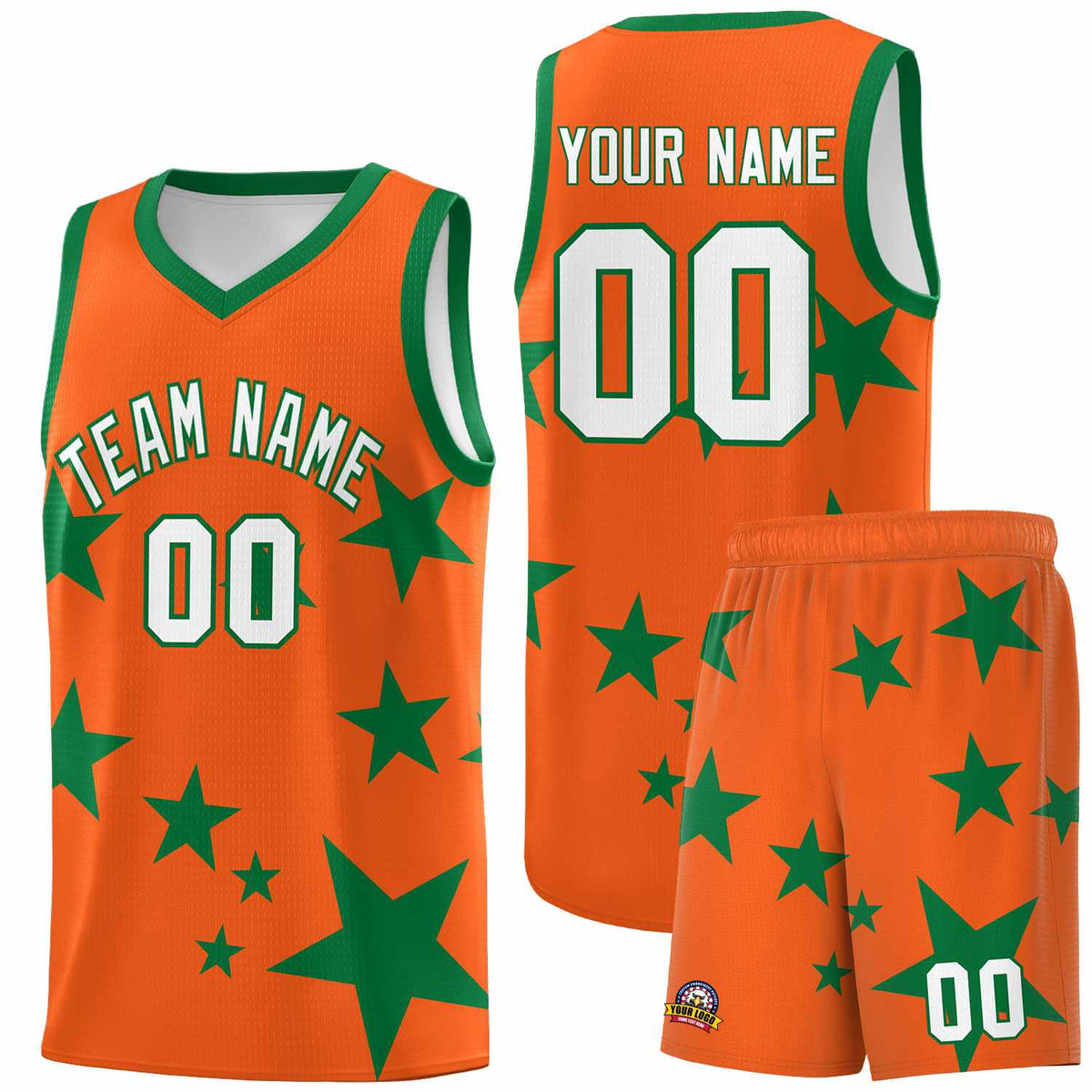 Custom Orange Kelly Green Graffiti Pattern Star Print Basketball Jersey Kits|KXKSHOP