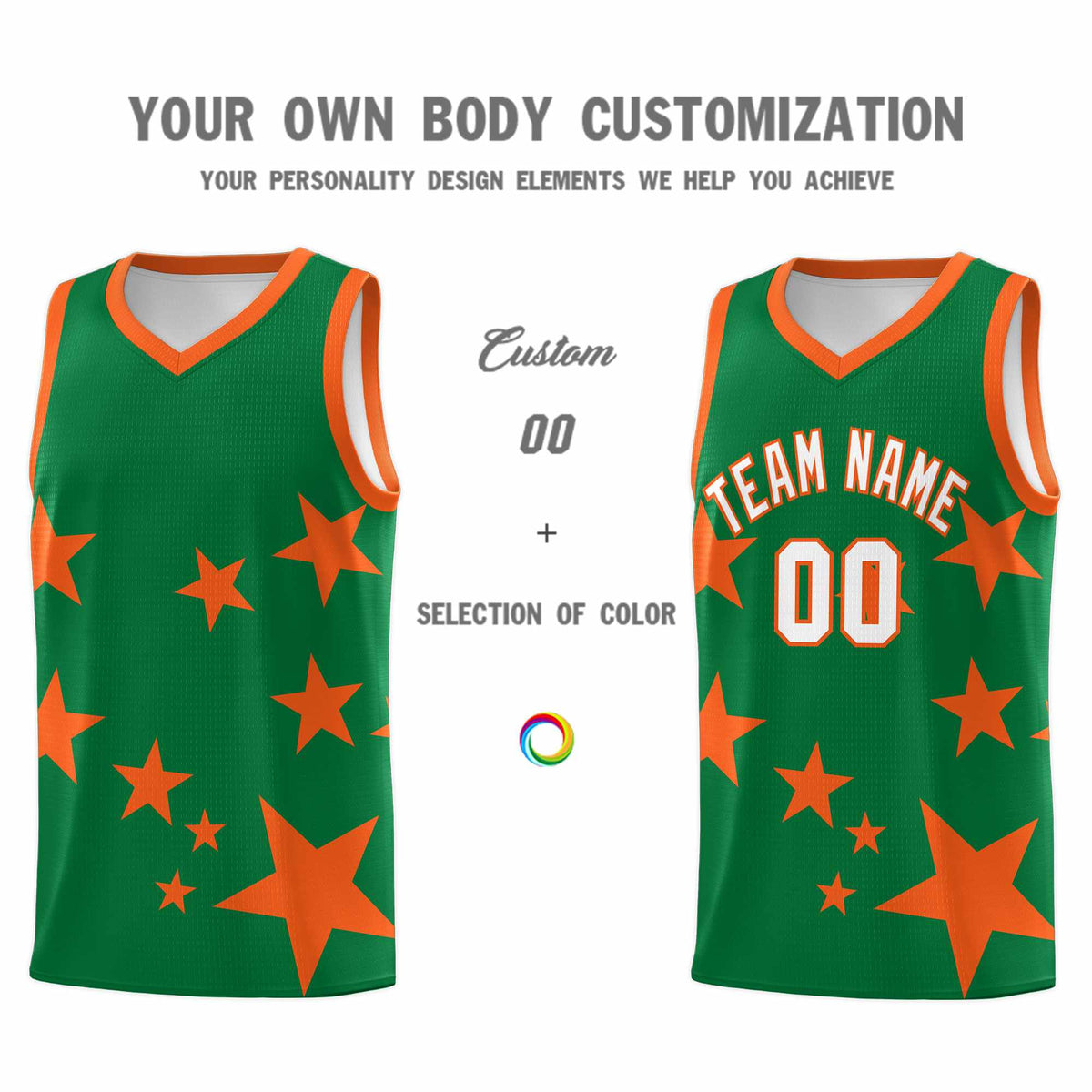 Custom Kelly Green Orange Graffiti Pattern Star Print Basketball Jersey Kits|KXKSHOP