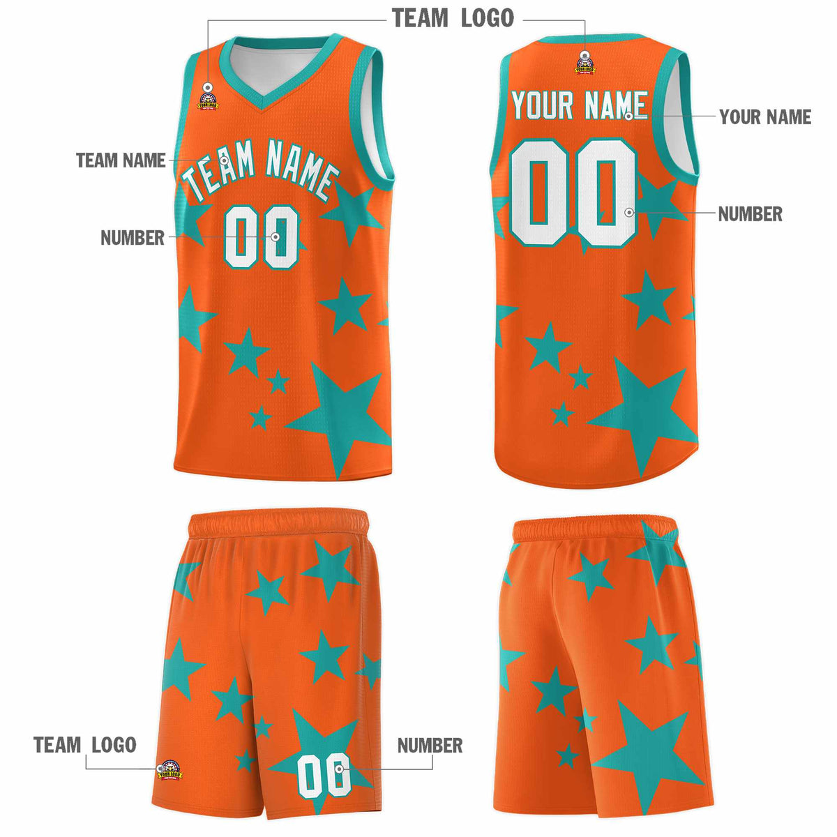 Custom Orange Aqua Graffiti Pattern Star Print Basketball Jersey Kits|KXKSHOP