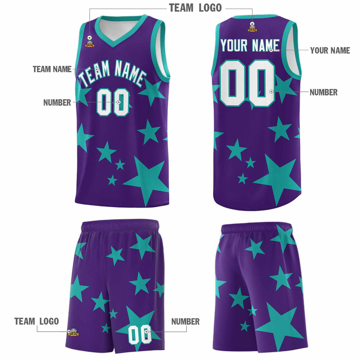 Custom Purple Aqua Graffiti Pattern Star Print Basketball Jersey Kits|KXKSHOP