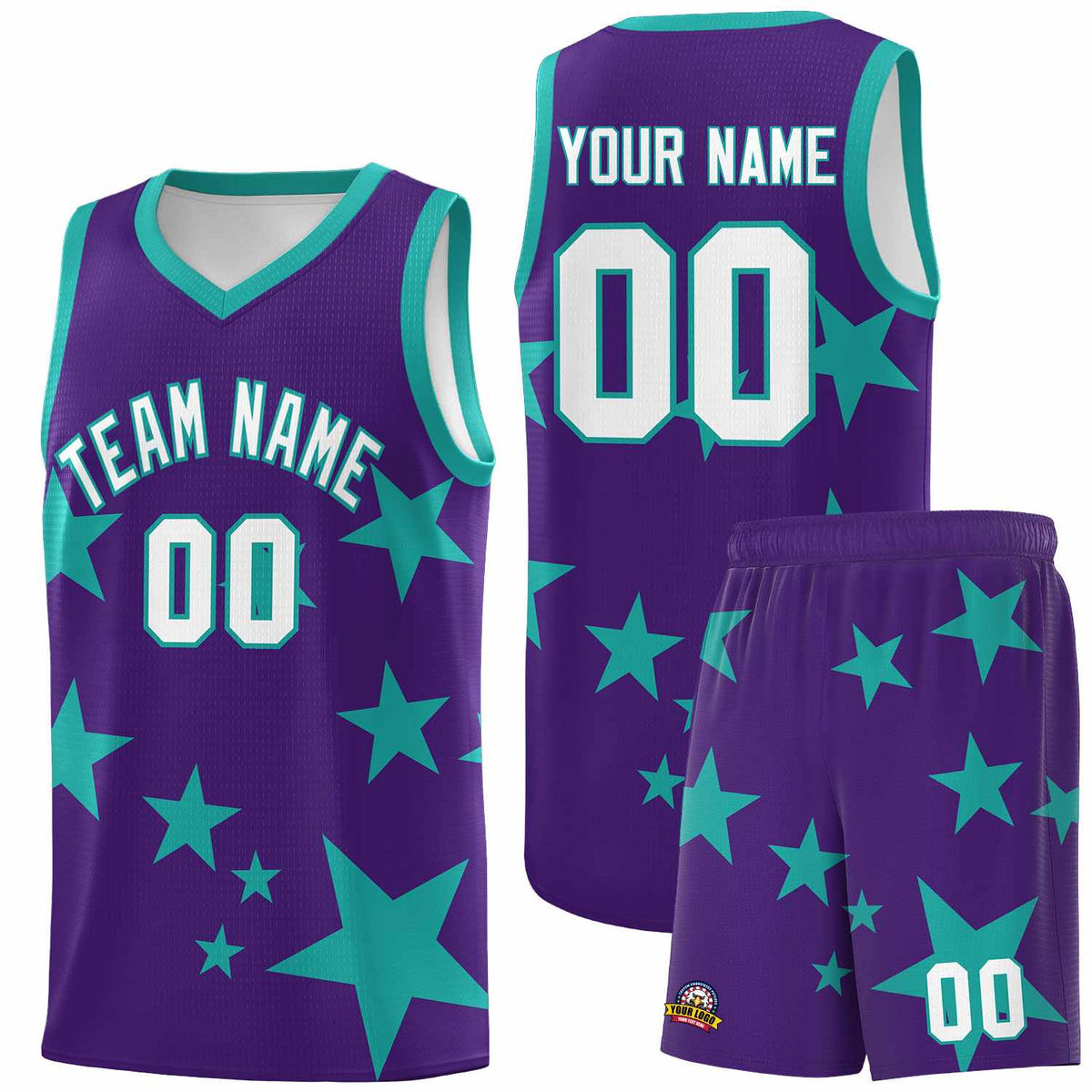 Custom Purple Aqua Graffiti Pattern Star Print Basketball Jersey Kits|KXKSHOP
