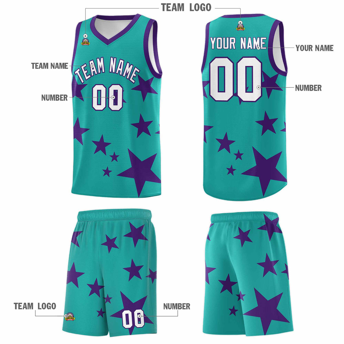 Custom Aqua Purple Graffiti Pattern Star Print Basketball Jersey Kits|KXKSHOP