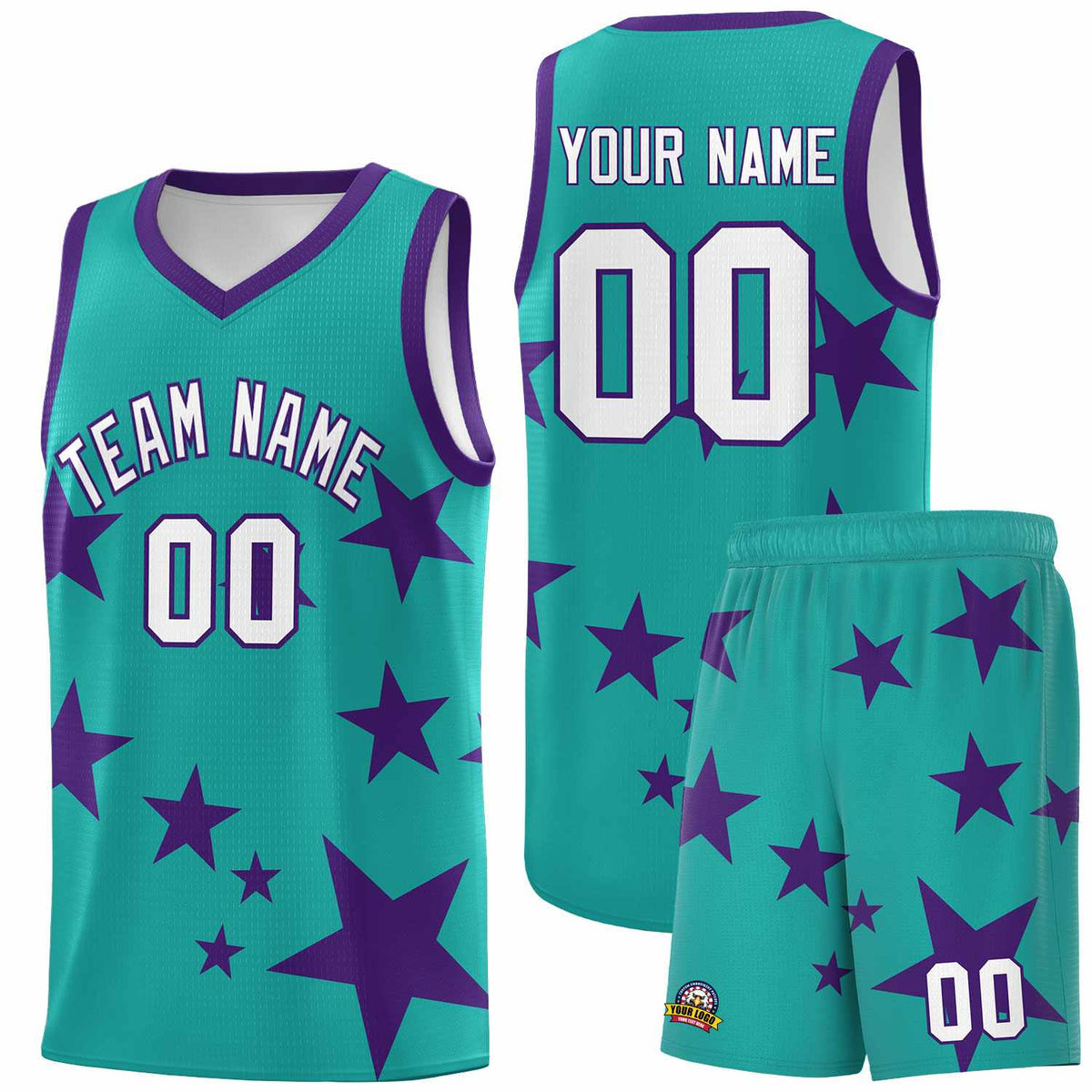 Custom Aqua Purple Graffiti Pattern Star Print Basketball Jersey Kits|KXKSHOP
