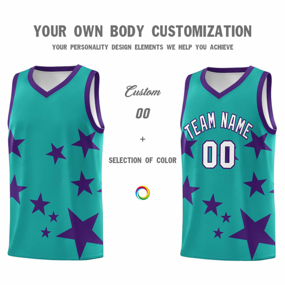 Custom Aqua Purple Graffiti Pattern Star Print Basketball Jersey Kits|KXKSHOP