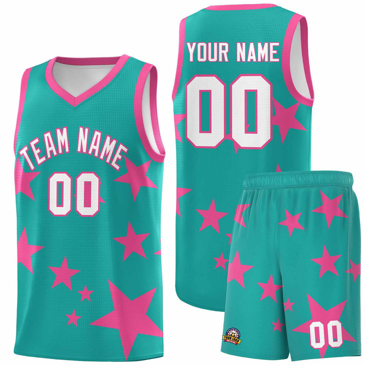 Custom Aqua Pink Graffiti Pattern Star Print Basketball Jersey Kits|KXKSHOP