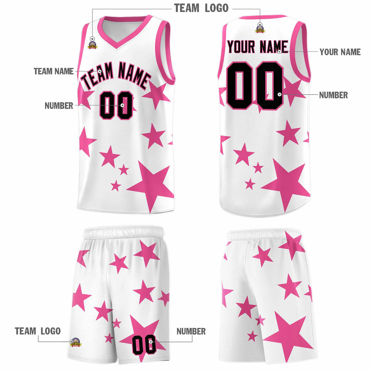 Custom White Pink Graffiti Pattern Star Print Basketball Jersey Kits|KXKSHOP