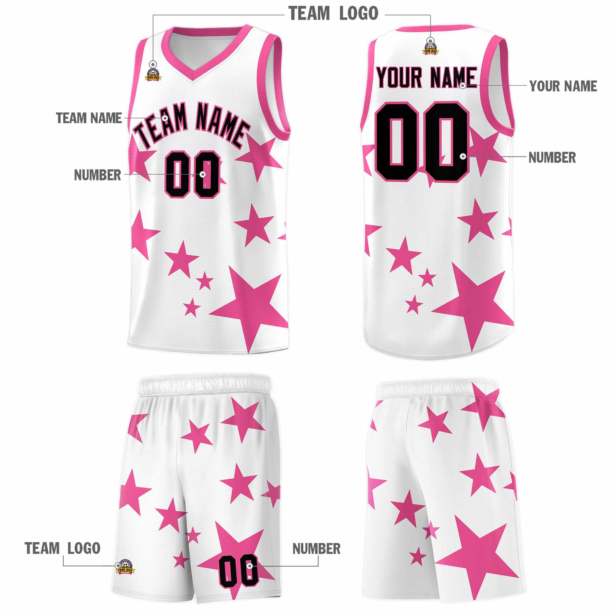 Custom White Pink Graffiti Pattern Star Print Basketball Jersey Kits|KXKSHOP