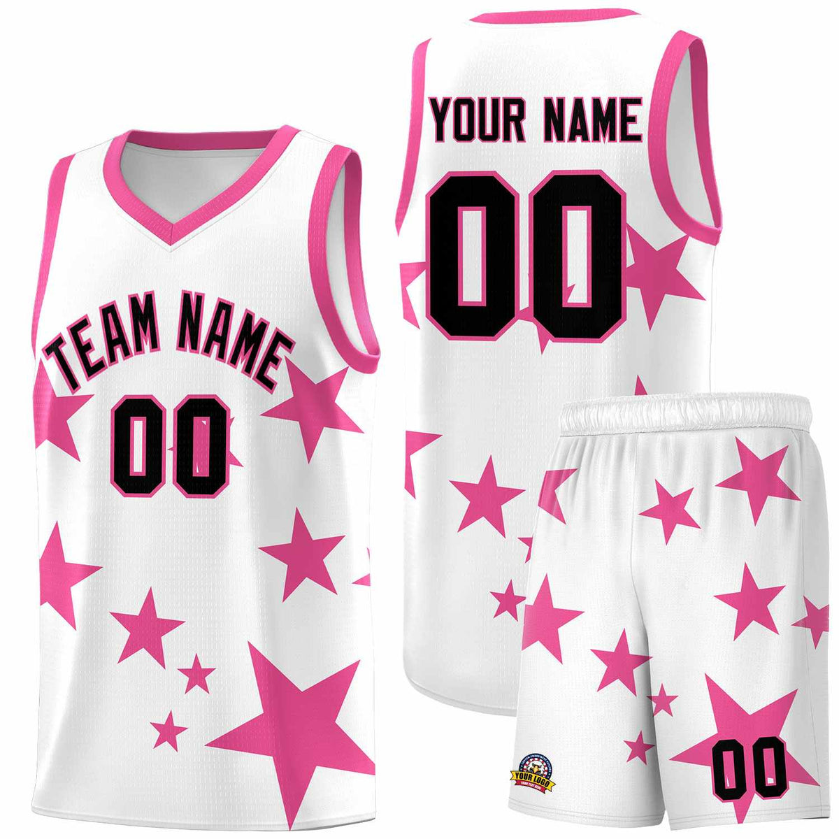 Custom White Pink Graffiti Pattern Star Print Basketball Jersey Kits|KXKSHOP