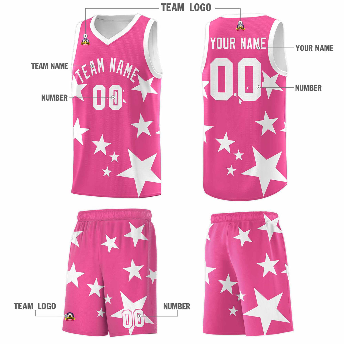 Custom Pink White Graffiti Pattern Star Print Basketball Jersey Kits|KXKSHOP