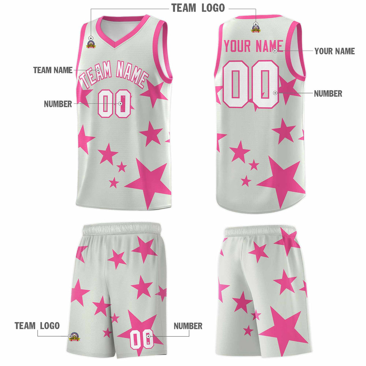 Custom Gray Pink Graffiti Pattern Star Print Basketball Jersey Kits|KXKSHOP