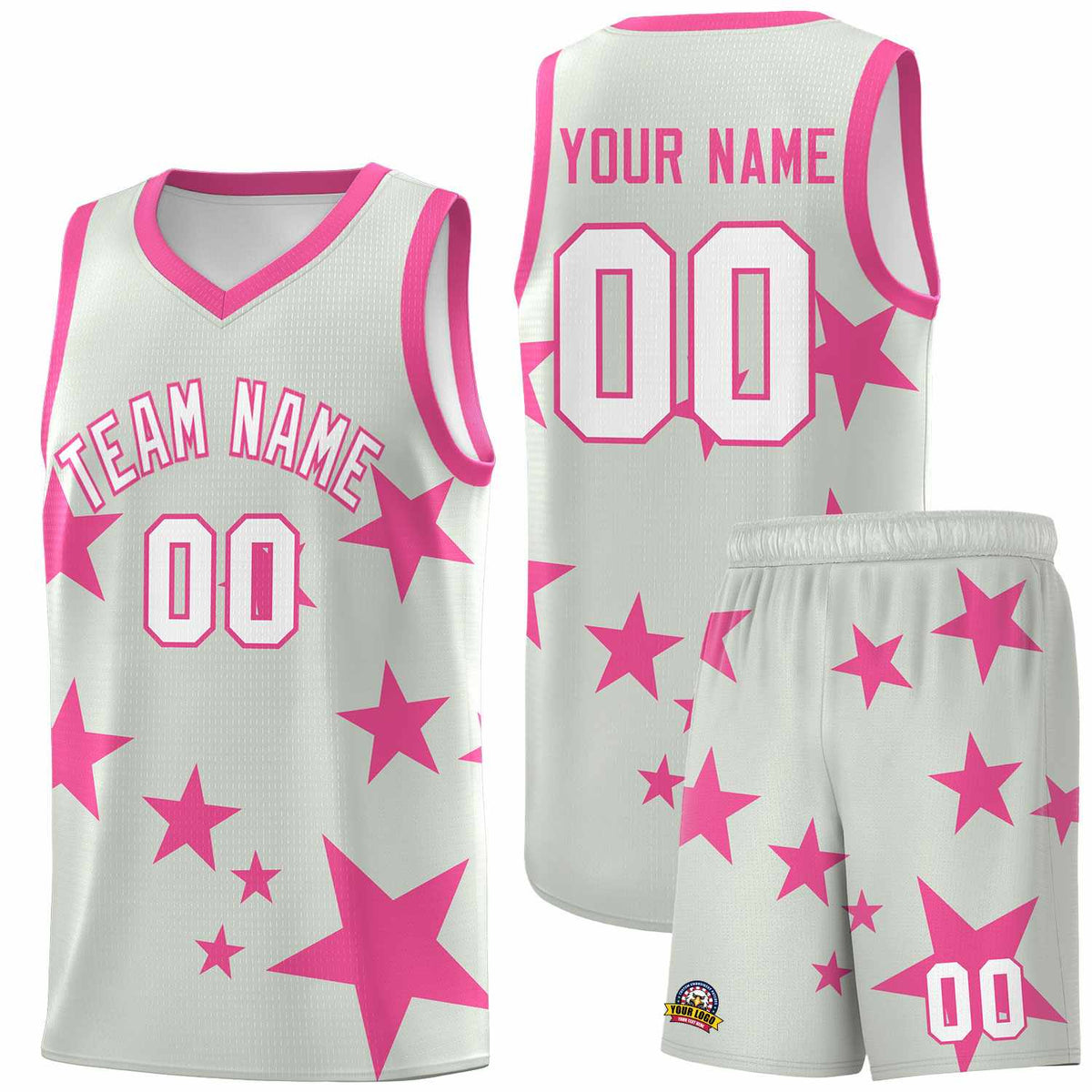 Custom Gray Pink Graffiti Pattern Star Print Basketball Jersey Kits|KXKSHOP