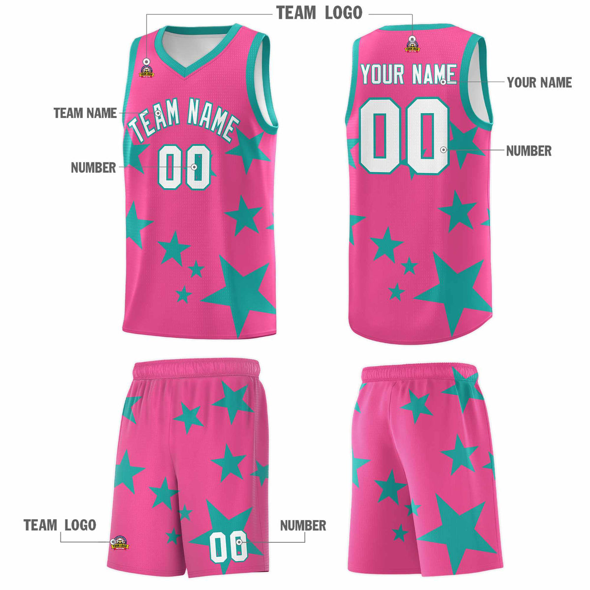 Custom Pink Aqua Graffiti Pattern Star Print Basketball Jersey Kits|KXKSHOP