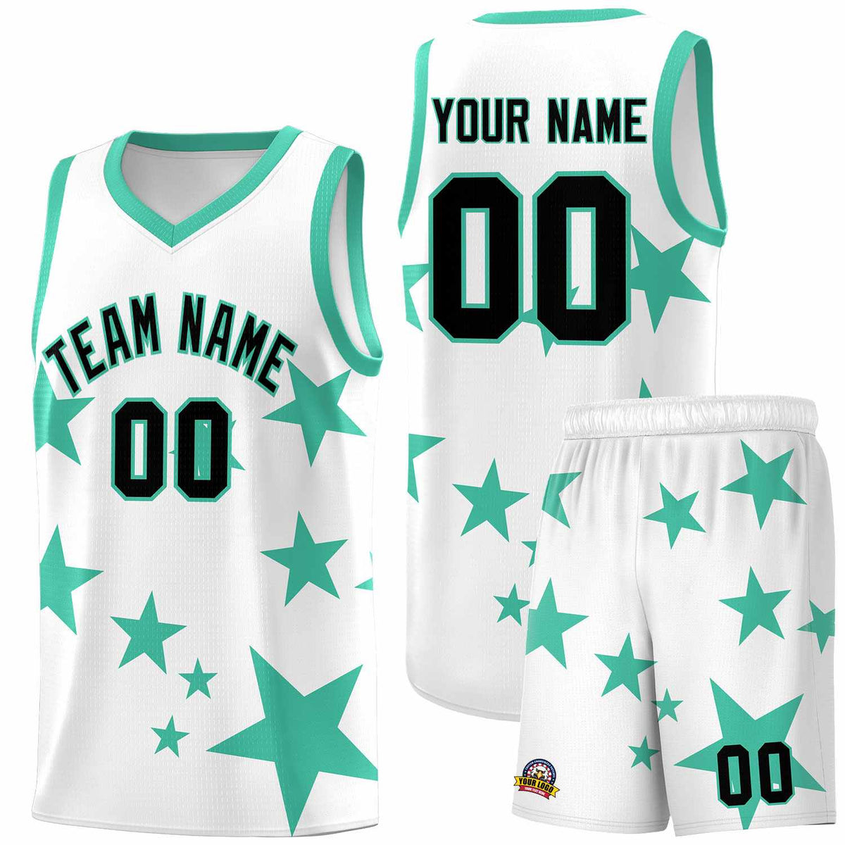 Custom White Bright Green Graffiti Pattern Star Print Basketball Jersey Kits|KXKSHOP