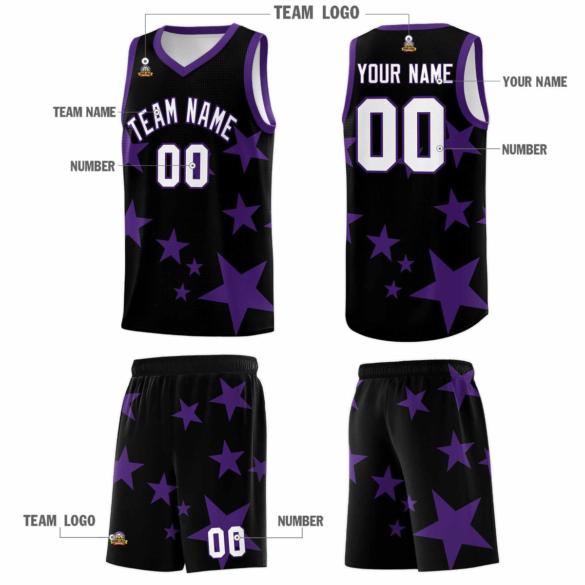 Custom Black Purple Graffiti Pattern Star Print Basketball Jersey Kits|KXKSHOP