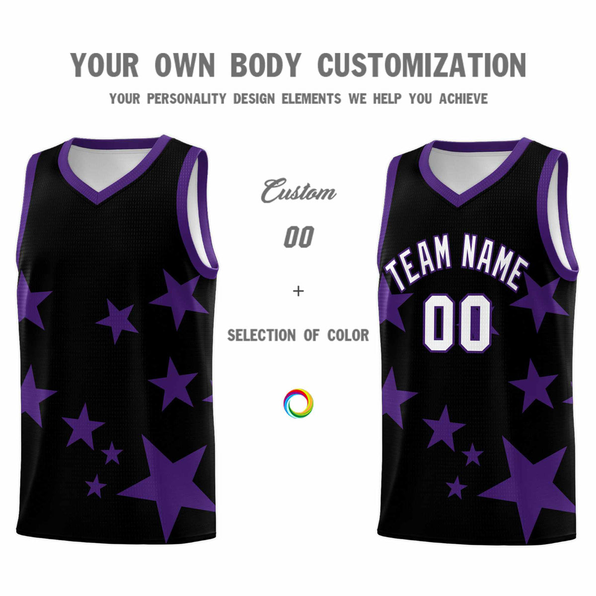 Custom Black Purple Graffiti Pattern Star Print Basketball Jersey Kits|KXKSHOP