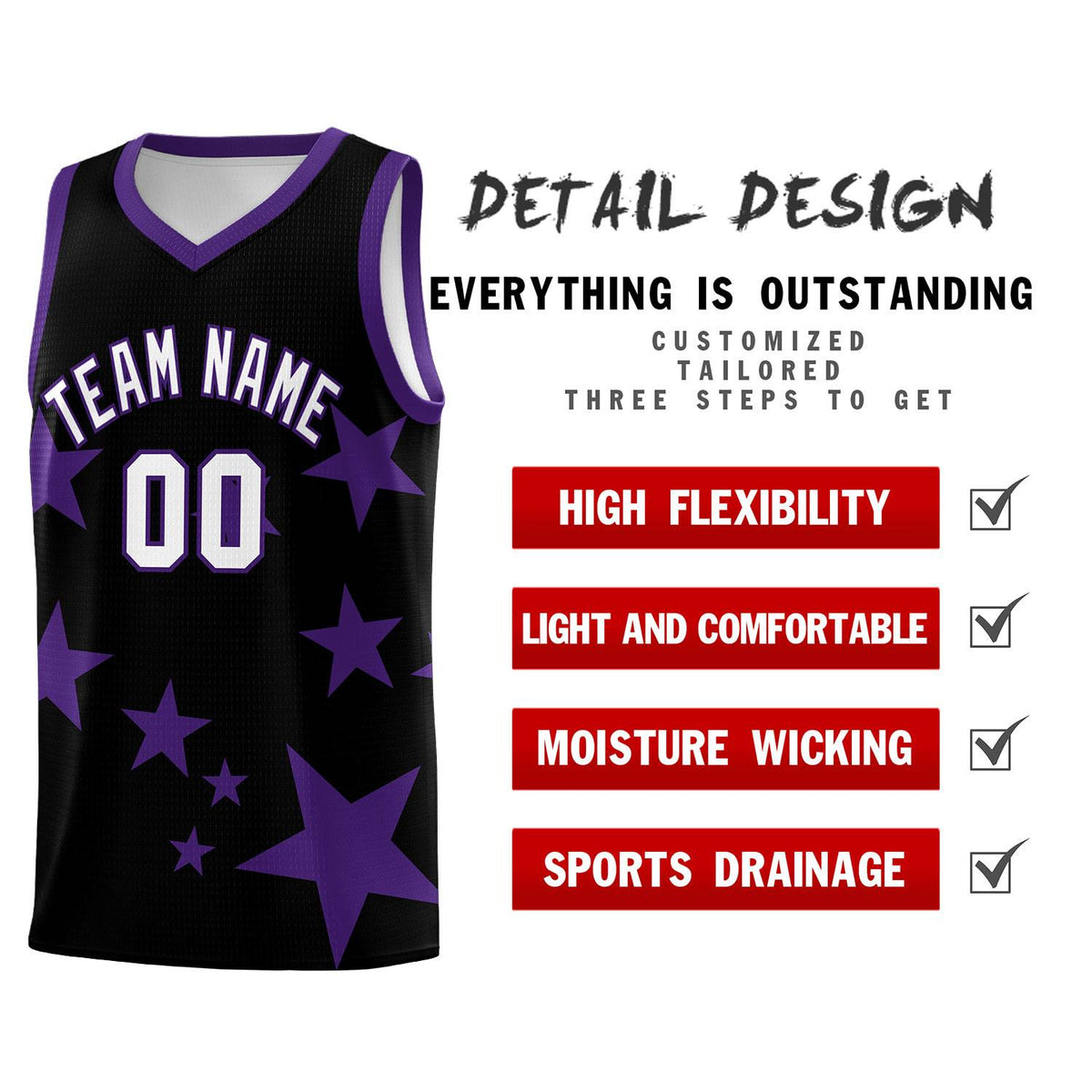Custom Black Purple Graffiti Pattern Star Print Basketball Jersey Kits|KXKSHOP
