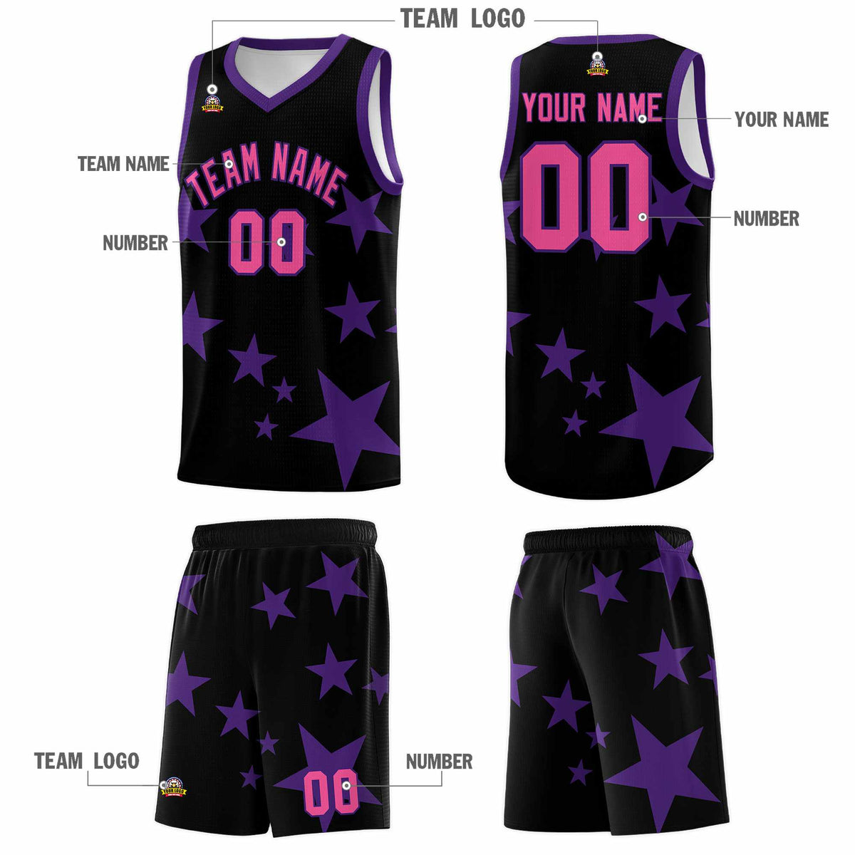 Custom Black Purple Graffiti Pattern Star Print Basketball Jersey Kits|KXKSHOP