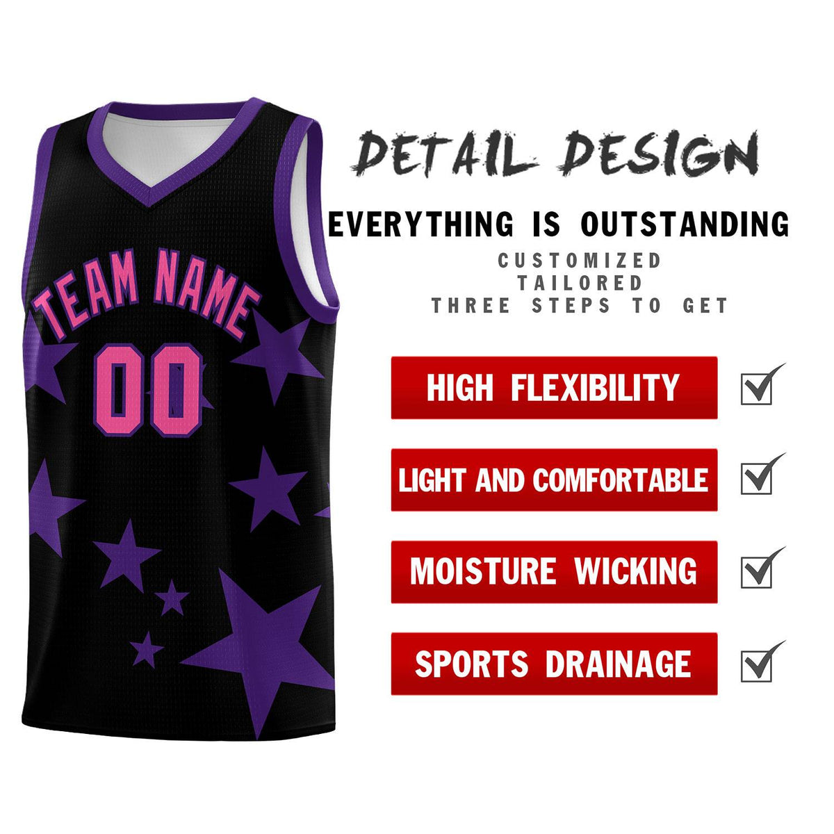Custom Black Purple Graffiti Pattern Star Print Basketball Jersey Kits|KXKSHOP