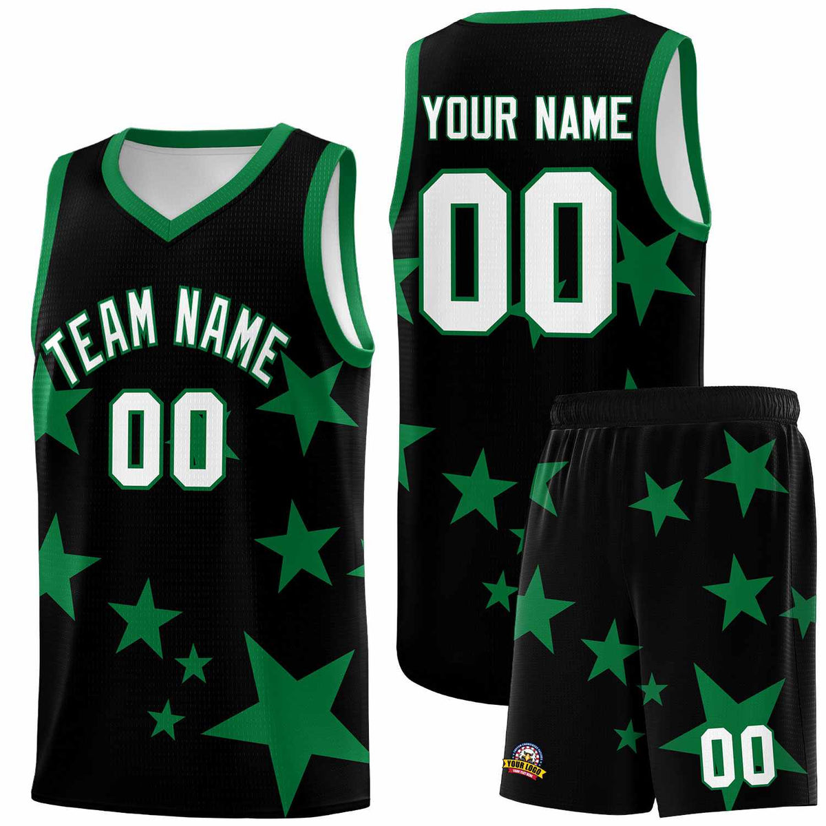 Custom Black Kelly Green Graffiti Pattern Star Print Basketball Jersey Kits|KXKSHOP