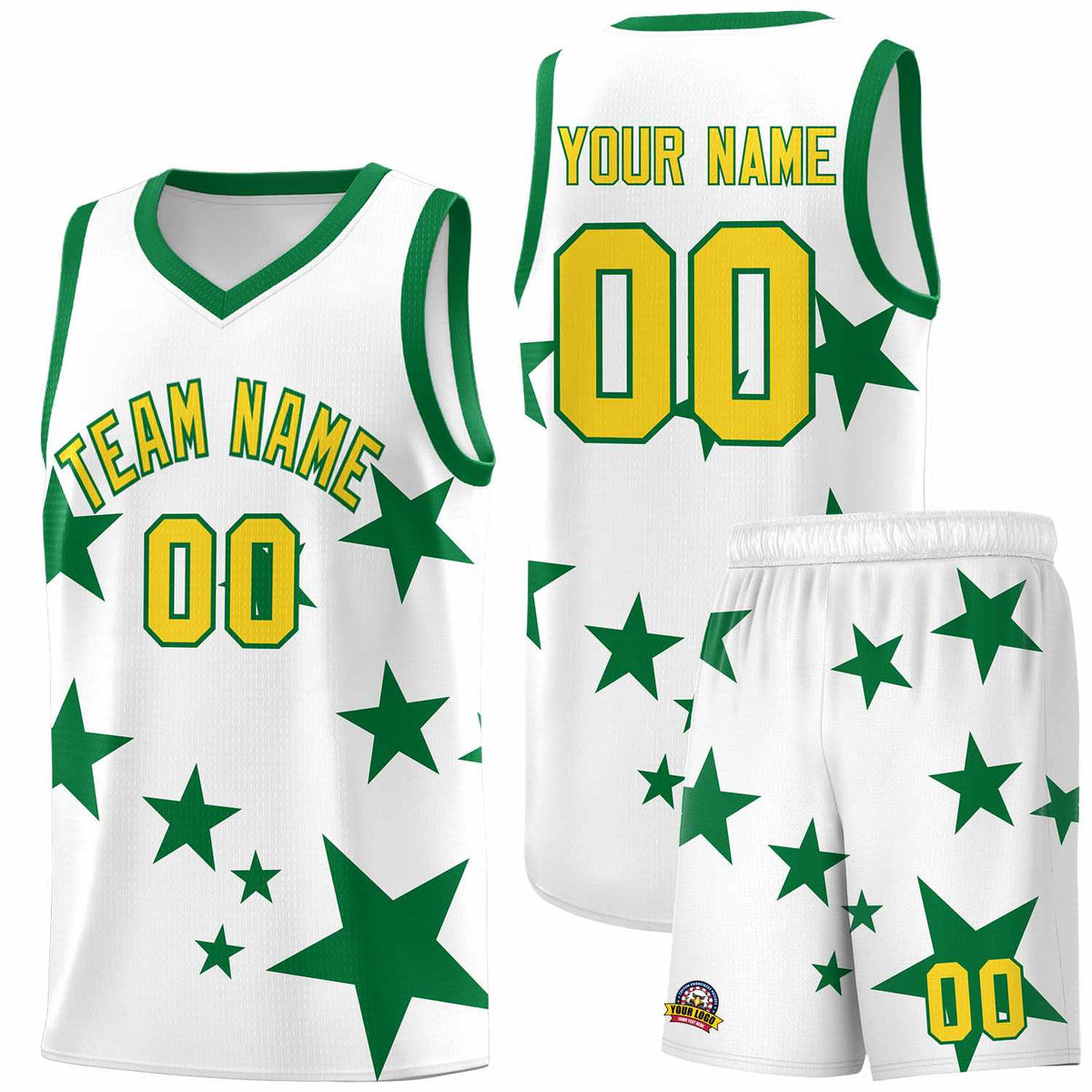Custom White Kelly Green Graffiti Pattern Star Print Basketball Jersey Kits|KXKSHOP