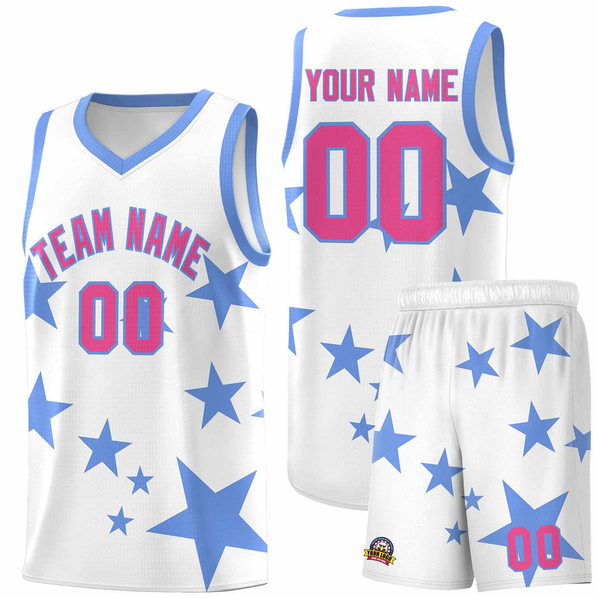Custom White Light Blue Graffiti Pattern Star Print Basketball Jersey Kits|KXKSHOP