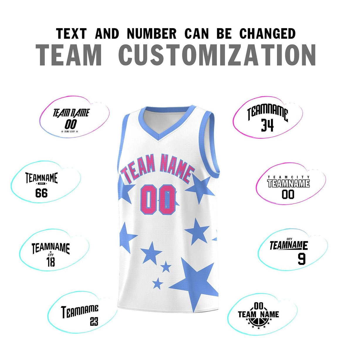 Custom White Light Blue Graffiti Pattern Star Print Basketball Jersey Kits|KXKSHOP