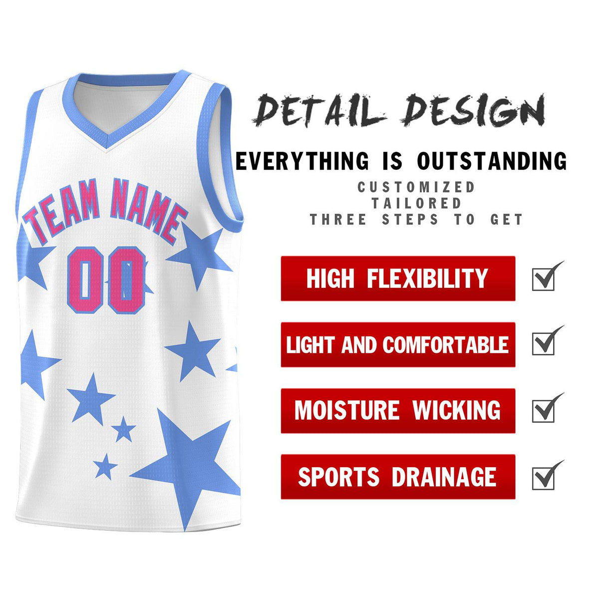 Custom White Light Blue Graffiti Pattern Star Print Basketball Jersey Kits|KXKSHOP