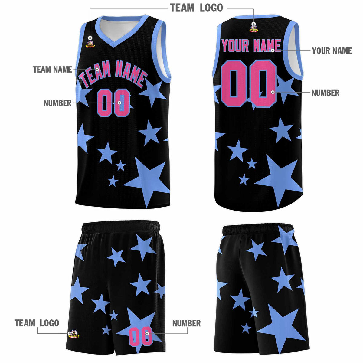 Custom Black Light Blue Graffiti Pattern Star Print Basketball Jersey Kits|KXKSHOP