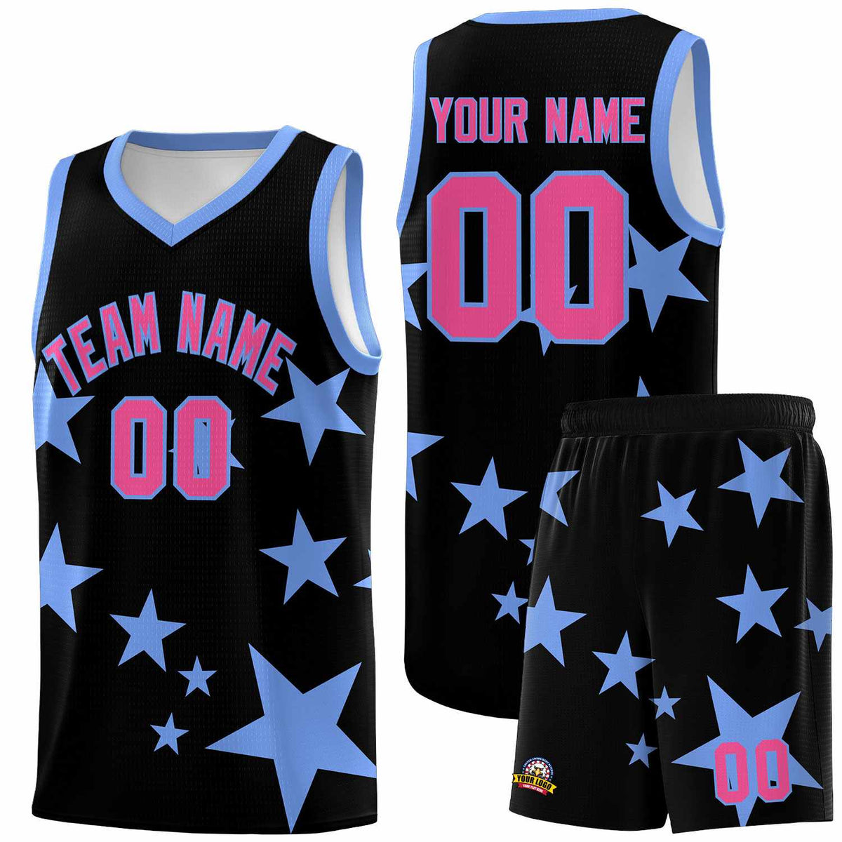 Custom Black Light Blue Graffiti Pattern Star Print Basketball Jersey Kits|KXKSHOP