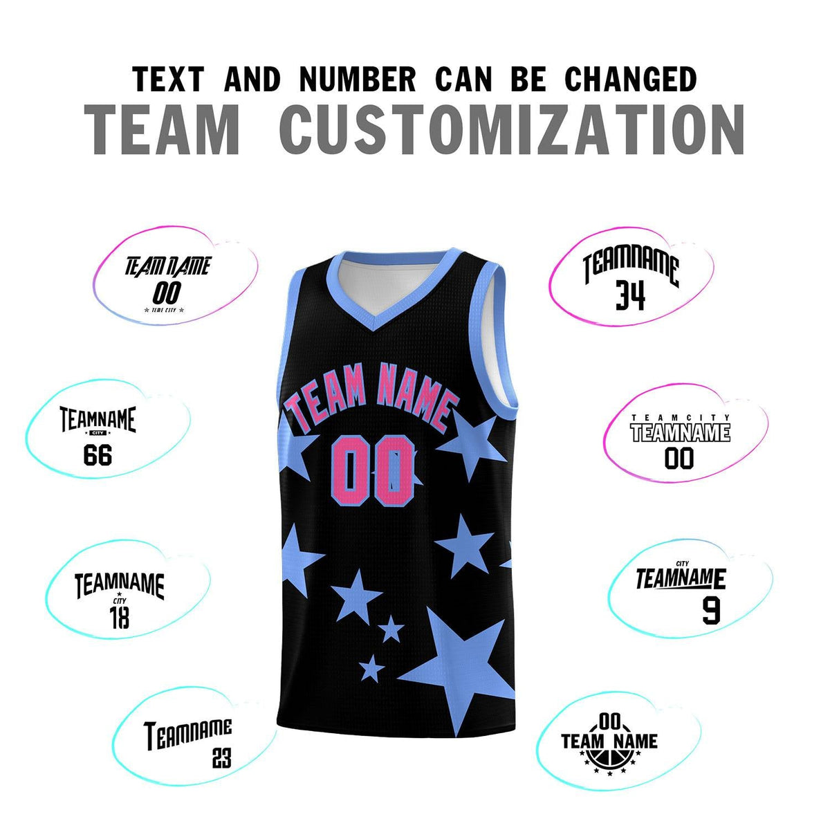 Custom Black Light Blue Graffiti Pattern Star Print Basketball Jersey Kits|KXKSHOP