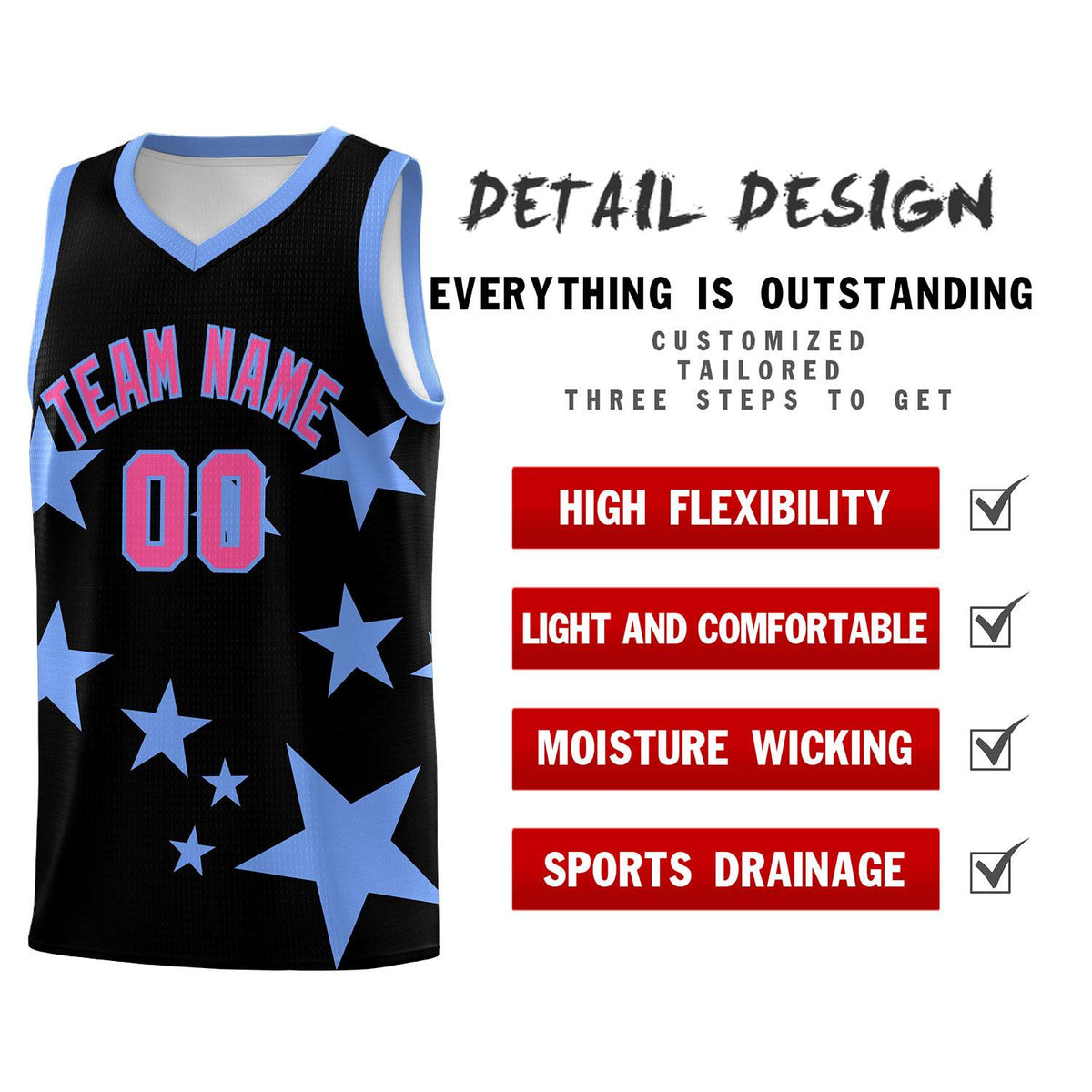 Custom Black Light Blue Graffiti Pattern Star Print Basketball Jersey Kits|KXKSHOP