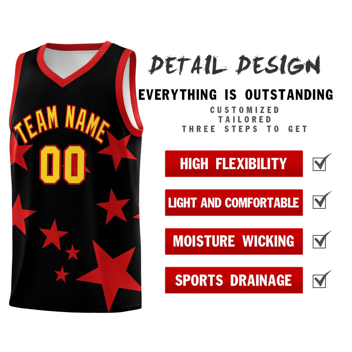 Custom Black Red Graffiti Pattern Star Print Basketball Jersey Kits|KXKSHOP