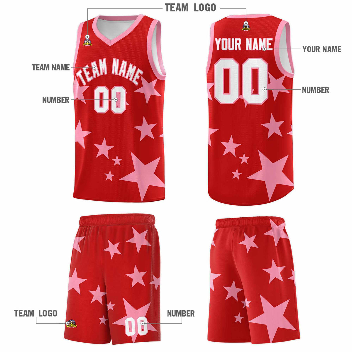 Custom Red Light Pink Graffiti Pattern Star Print Basketball Jersey Kits|KXKSHOP