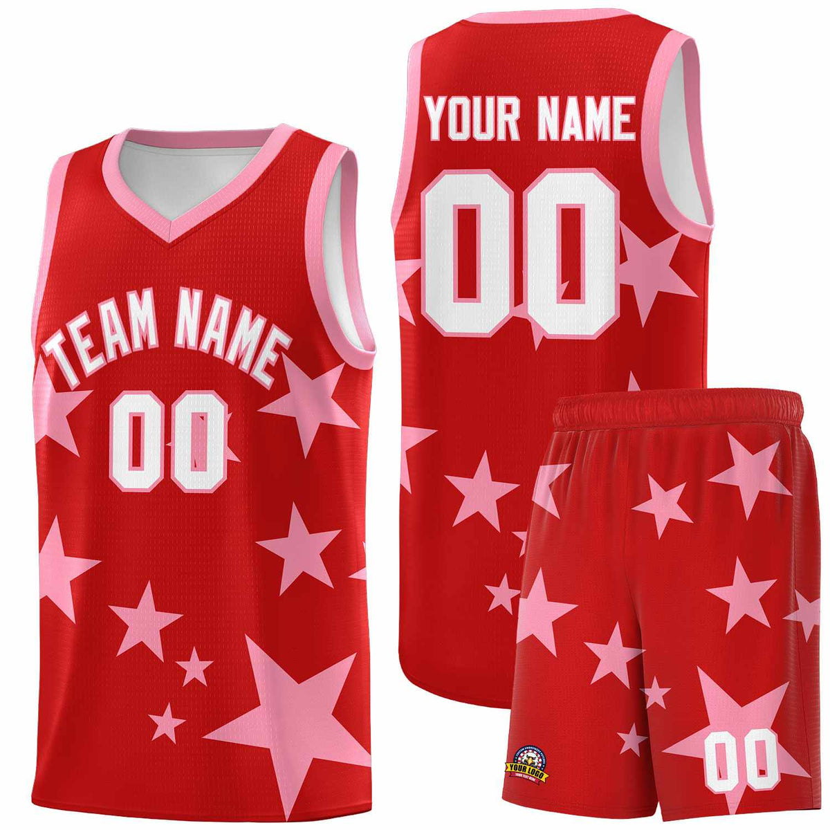 Custom Red Light Pink Graffiti Pattern Star Print Basketball Jersey Kits|KXKSHOP