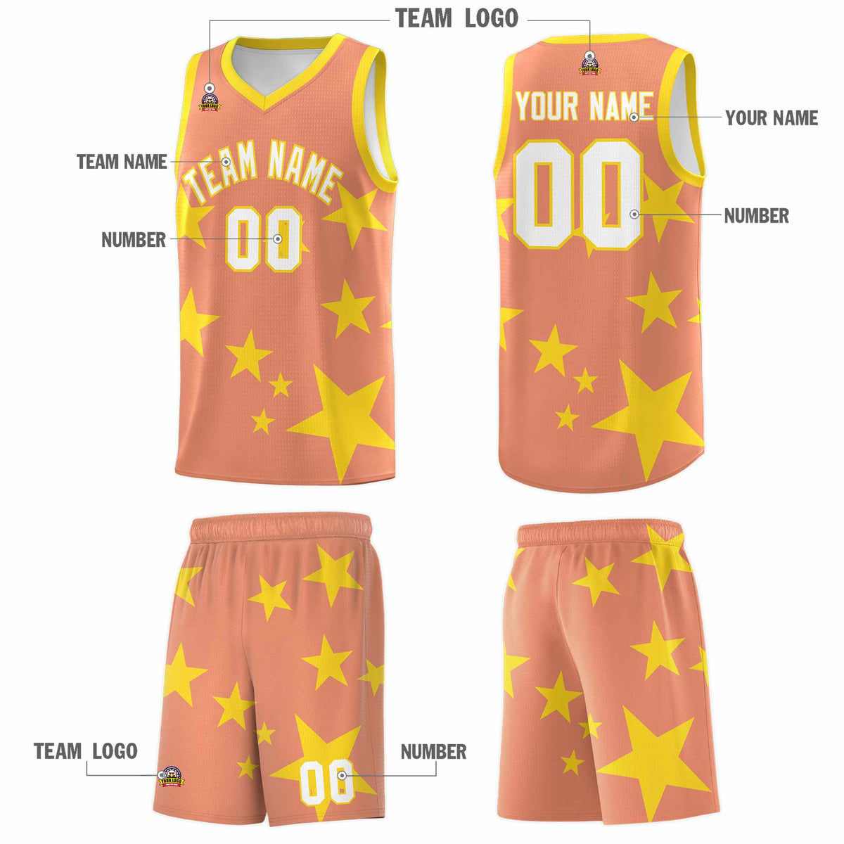 Custom Light Orange Gold Graffiti Pattern Star Print Basketball Jersey Kits|KXKSHOP