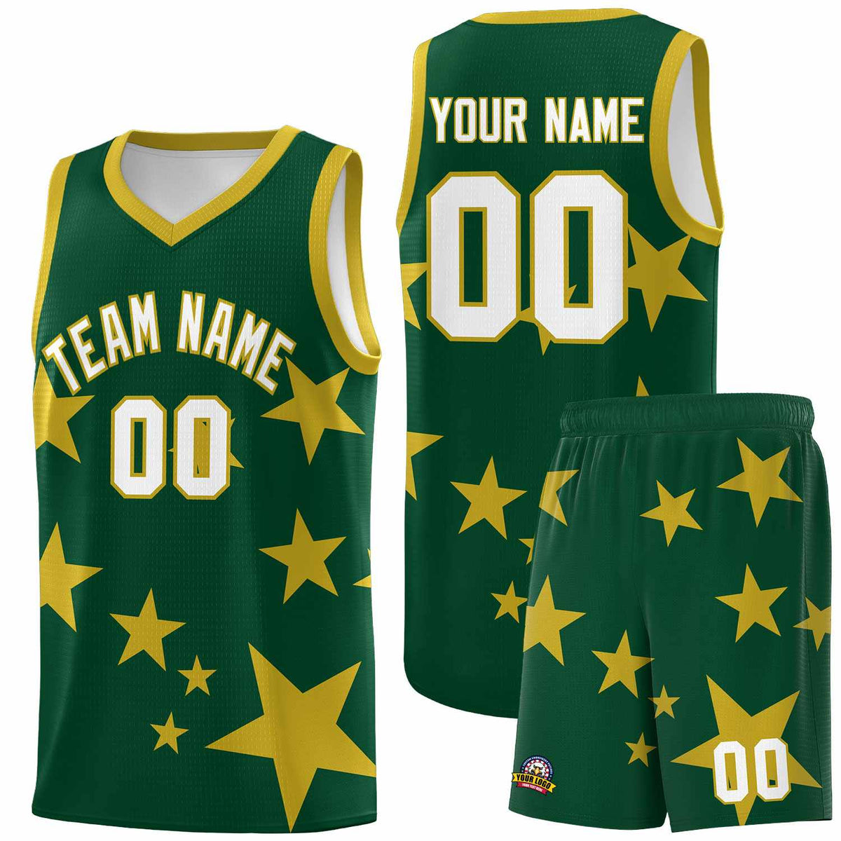 Custom Green Old Gold Graffiti Pattern Star Print Basketball Jersey Kits|KXKSHOP