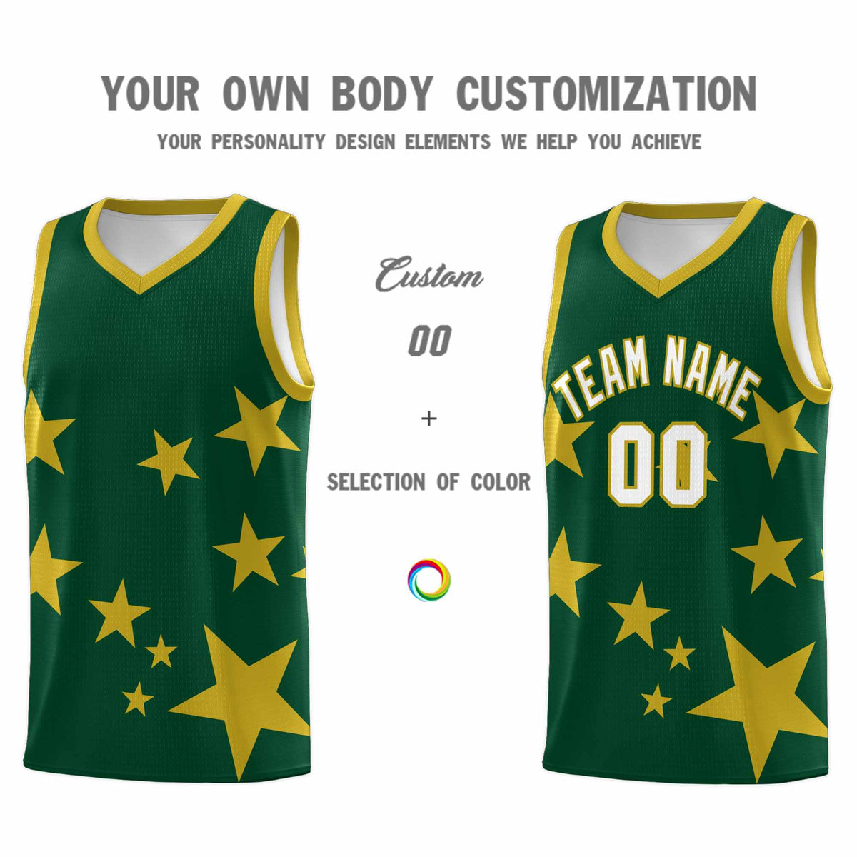 Custom Green Old Gold Graffiti Pattern Star Print Basketball Jersey Kits|KXKSHOP