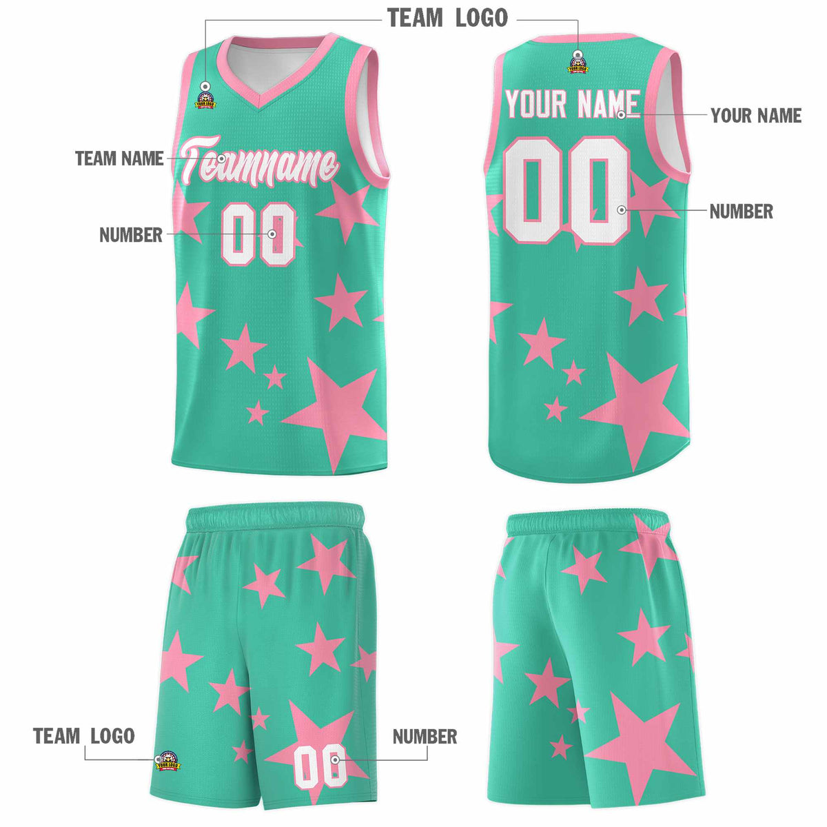 Custom Bright Green Light Pink Graffiti Pattern Star Print Basketball Jersey Kits|KXKSHOP