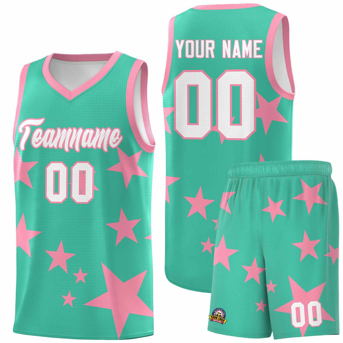 Custom Bright Green Light Pink Graffiti Pattern Star Print Basketball Jersey Kits|KXKSHOP