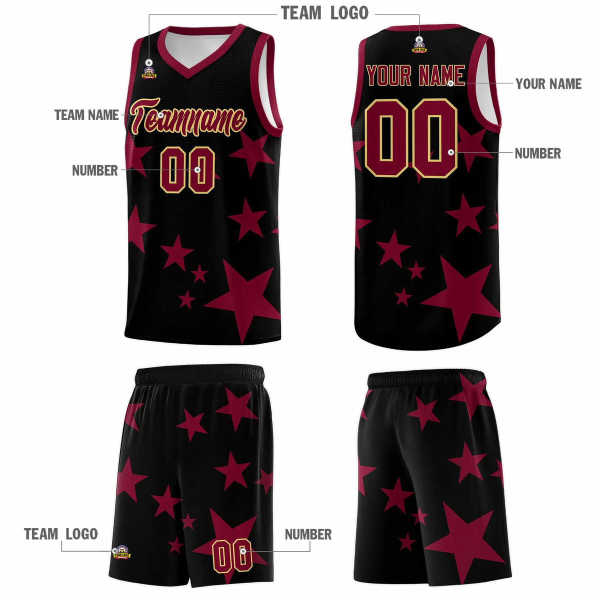 Custom Black Crimson Graffiti Pattern Star Print Basketball Jersey Kits|KXKSHOP