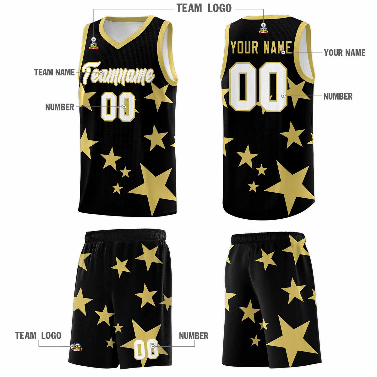 Custom Black Old Gold Graffiti Pattern Star Print Basketball Jersey Kits|KXKSHOP
