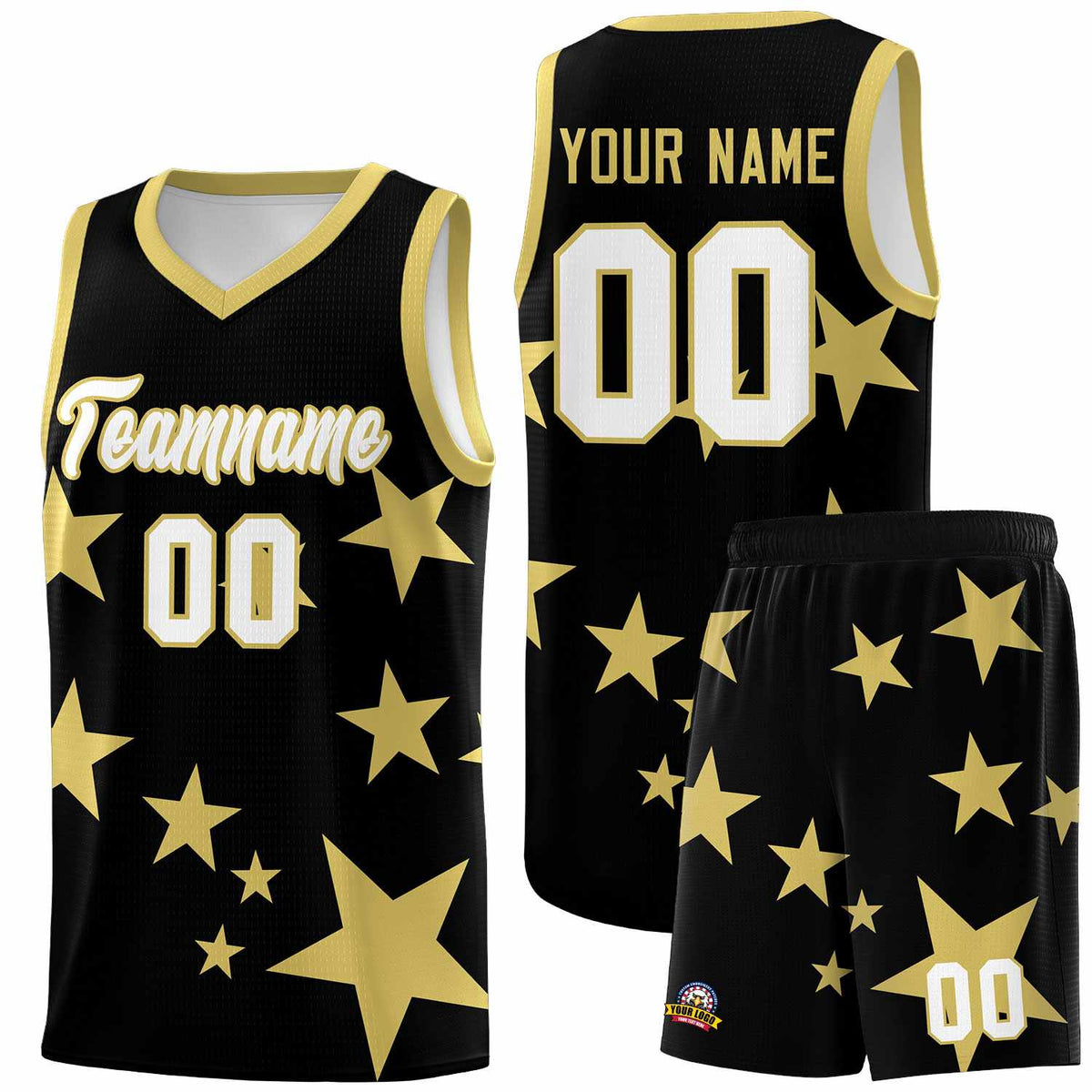 Custom Black Old Gold Graffiti Pattern Star Print Basketball Jersey Kits|KXKSHOP