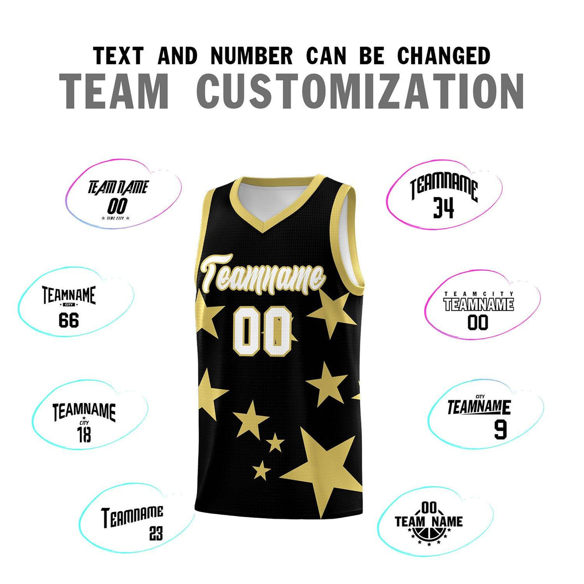 Custom Black Old Gold Graffiti Pattern Star Print Basketball Jersey Kits|KXKSHOP