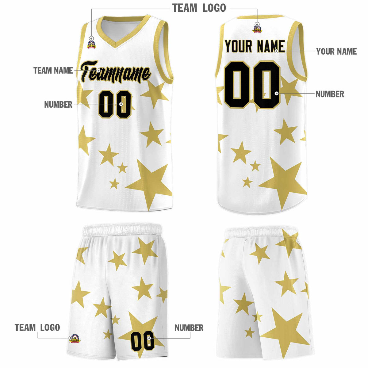 Custom White Old Gold Graffiti Pattern Star Print Basketball Jersey Kits|KXKSHOP