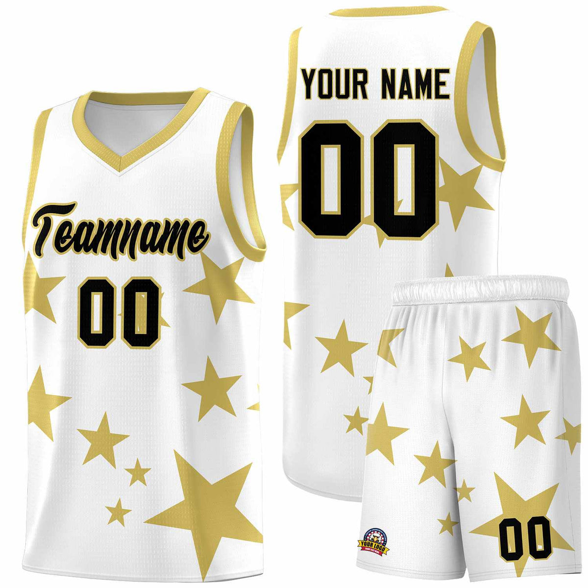 Custom White Old Gold Graffiti Pattern Star Print Basketball Jersey Kits|KXKSHOP