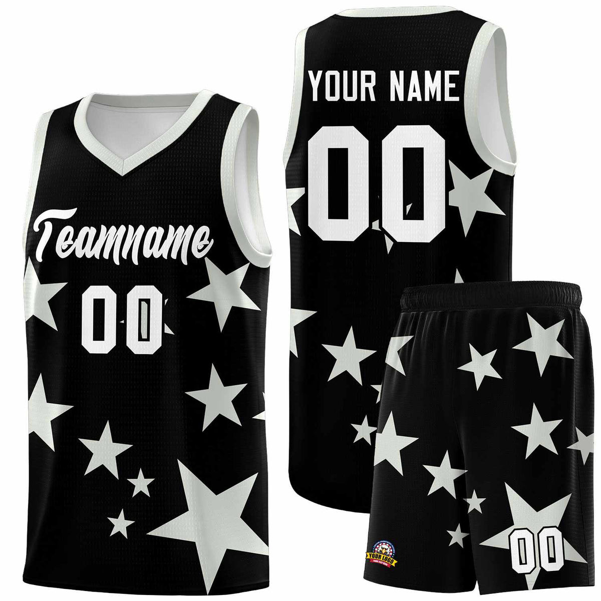 Custom Black Gray Graffiti Pattern Star Print Basketball Jersey Kits|KXKSHOP