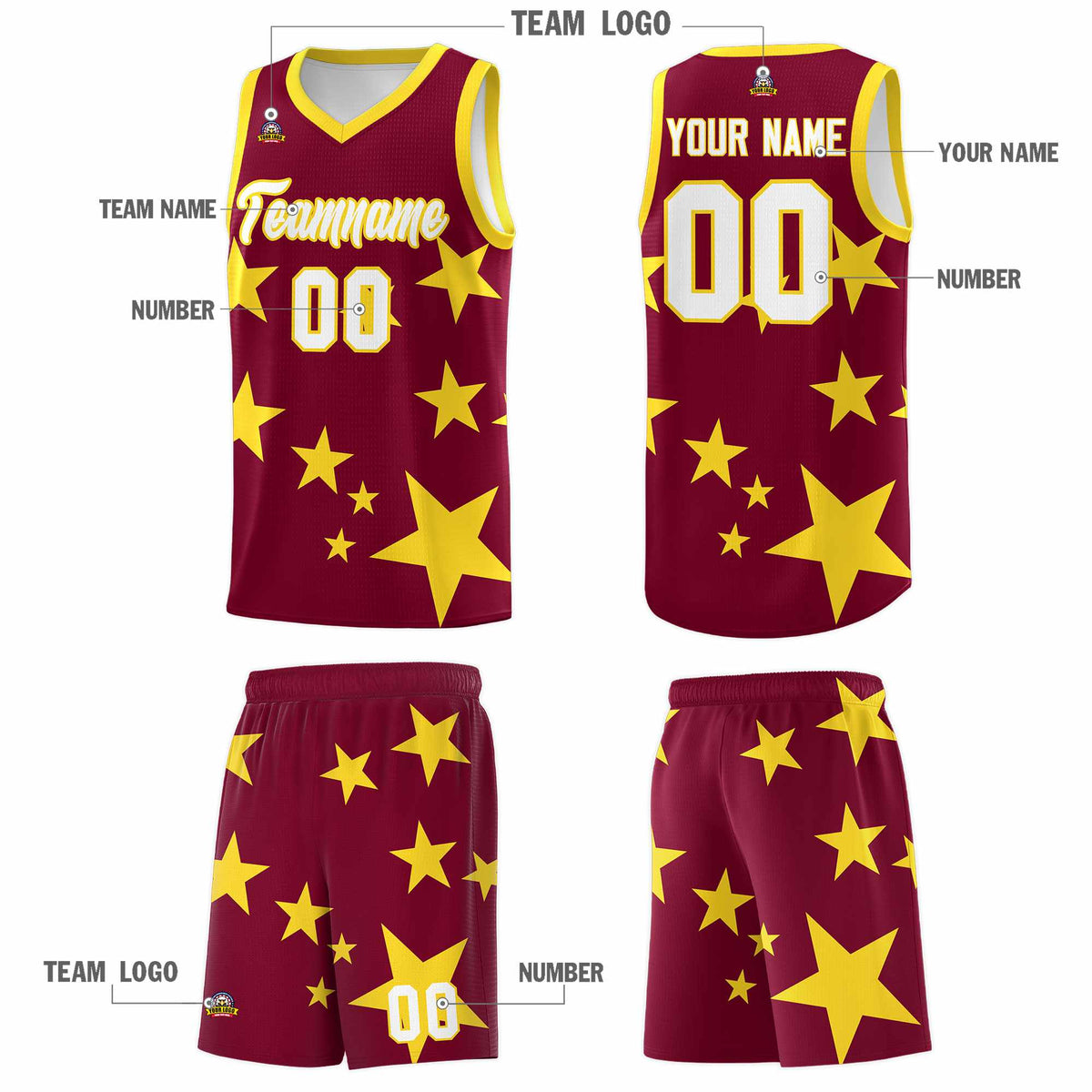 Custom Crimson Gold Graffiti Pattern Star Print Basketball Jersey Kits|KXKSHOP