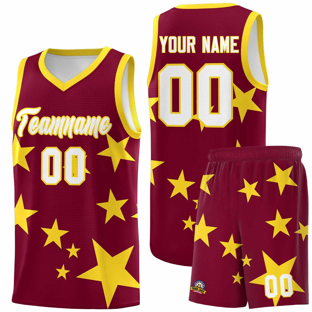 Custom Crimson Gold Graffiti Pattern Star Print Basketball Jersey Kits|KXKSHOP